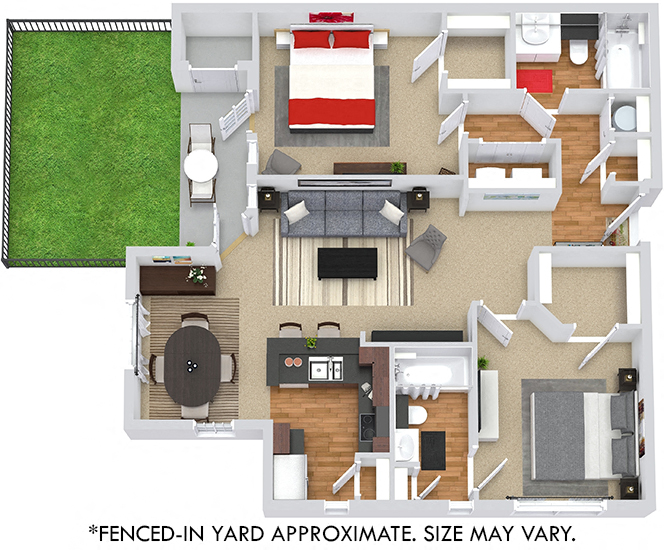 Floor plan for 2 beds, 2 baths, 1022 sqft